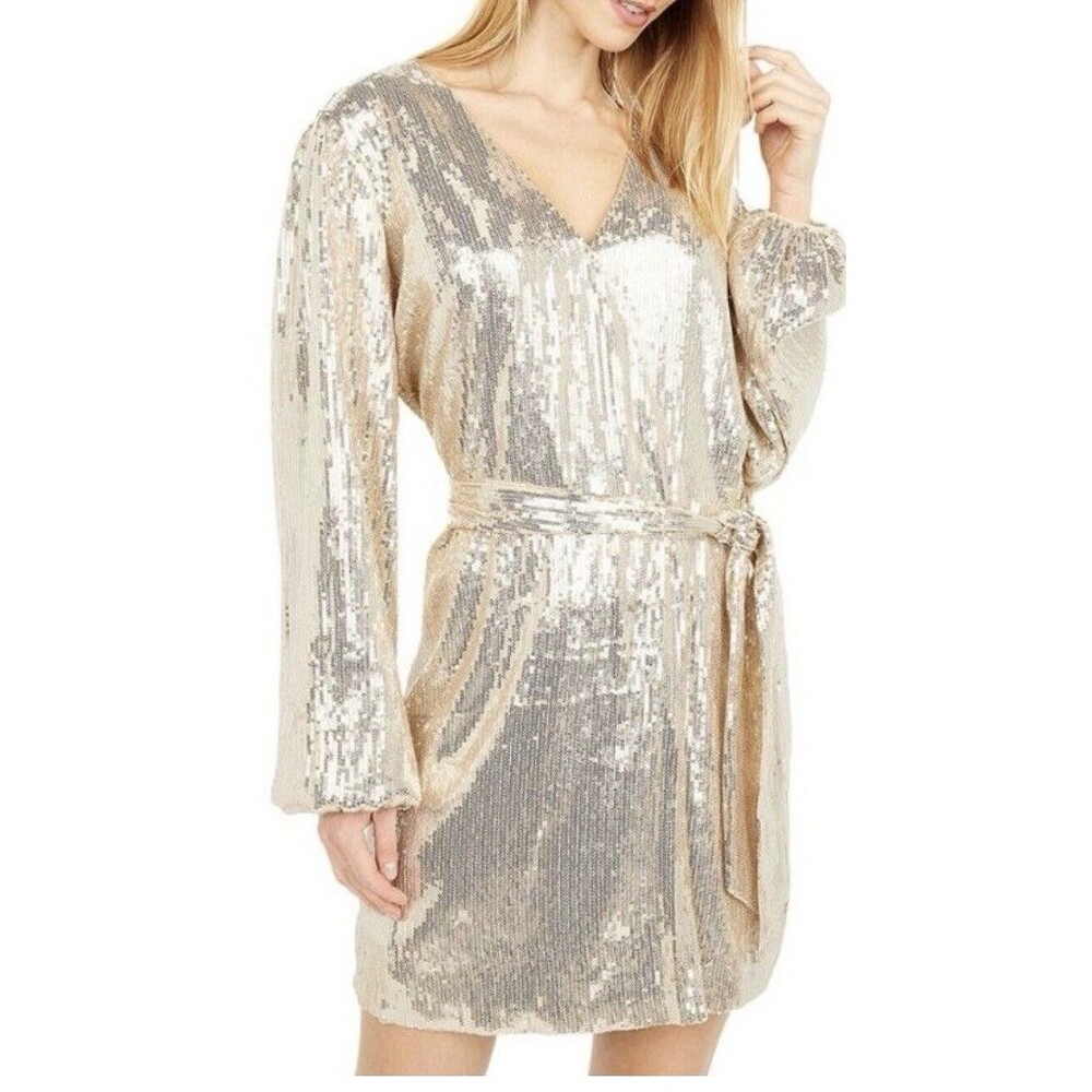 WAYF Women’s Champagne Gold Sequined Mini Wrap Cocktail New Years Party Dress M